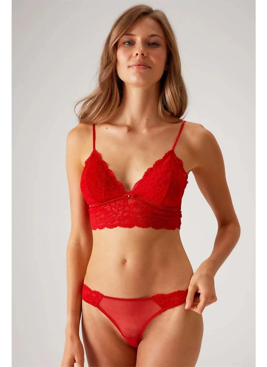 بيير كاردان 4842 Thin Strap Lace Bralet Bra Panties Set-Red
