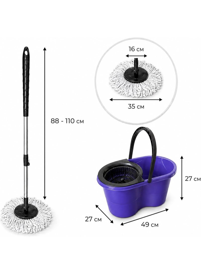 360° Turkish Made Spin Mop with Squeezer Bucket | Microfiber Floor Mop with Adjustable Stick 88-110cm for Ceramic Marble Cleaning (Purple) - Image 3