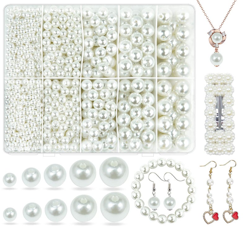Wavlakth White Pearl Beads for Jewelry Making, Wavlakth 1750pcs Ivory Pearl Craft Bead with Hole 4mm 6mm 8mm 10mm 12mm Loose Spacer Bead for Necklace Bracelet Earrings Ring Choker Wedding Dress Decor (Ivory) - Image 1