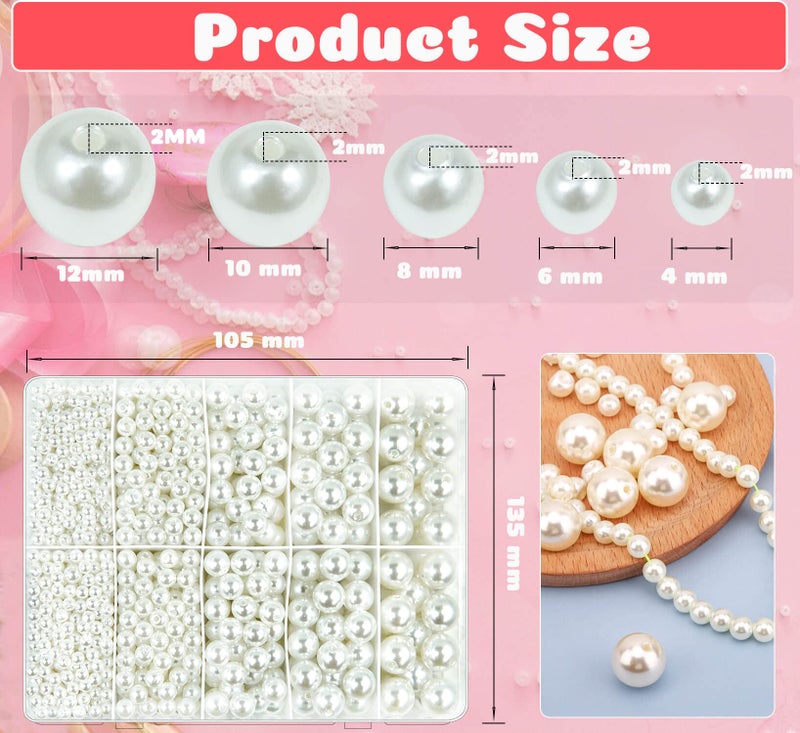 Wavlakth White Pearl Beads for Jewelry Making, Wavlakth 1750pcs Ivory Pearl Craft Bead with Hole 4mm 6mm 8mm 10mm 12mm Loose Spacer Bead for Necklace Bracelet Earrings Ring Choker Wedding Dress Decor (Ivory) - Image 2
