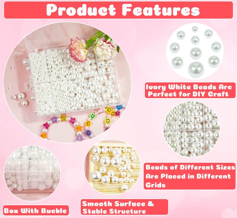 Wavlakth White Pearl Beads for Jewelry Making, Wavlakth 1750pcs Ivory Pearl Craft Bead with Hole 4mm 6mm 8mm 10mm 12mm Loose Spacer Bead for Necklace Bracelet Earrings Ring Choker Wedding Dress Decor (Ivory) - Image 3