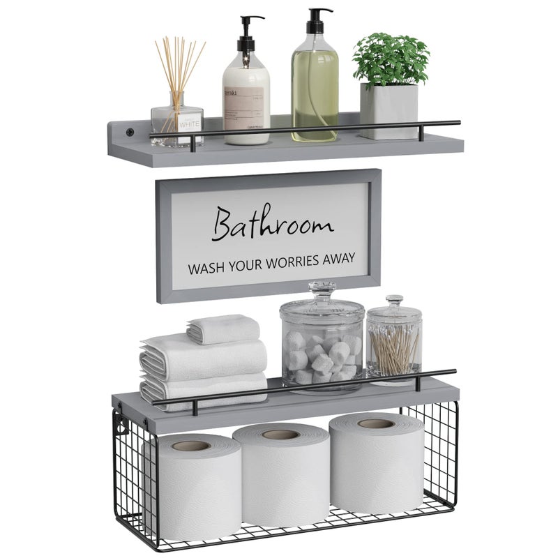 WOPITUES Floating Shelves for Wall Decor Sign Bathroom Organizers and Storage Bathroom Shelves Over Toilet with Metal GuardrailModern Grey - Image 2