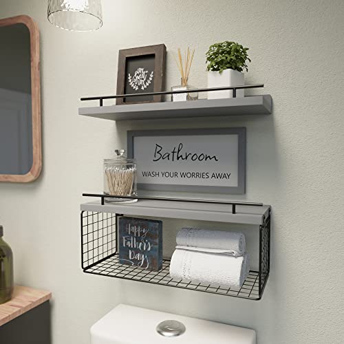 WOPITUES Floating Shelves for Wall Decor Sign Bathroom Organizers and Storage Bathroom Shelves Over Toilet with Metal GuardrailModern Grey - Image 3