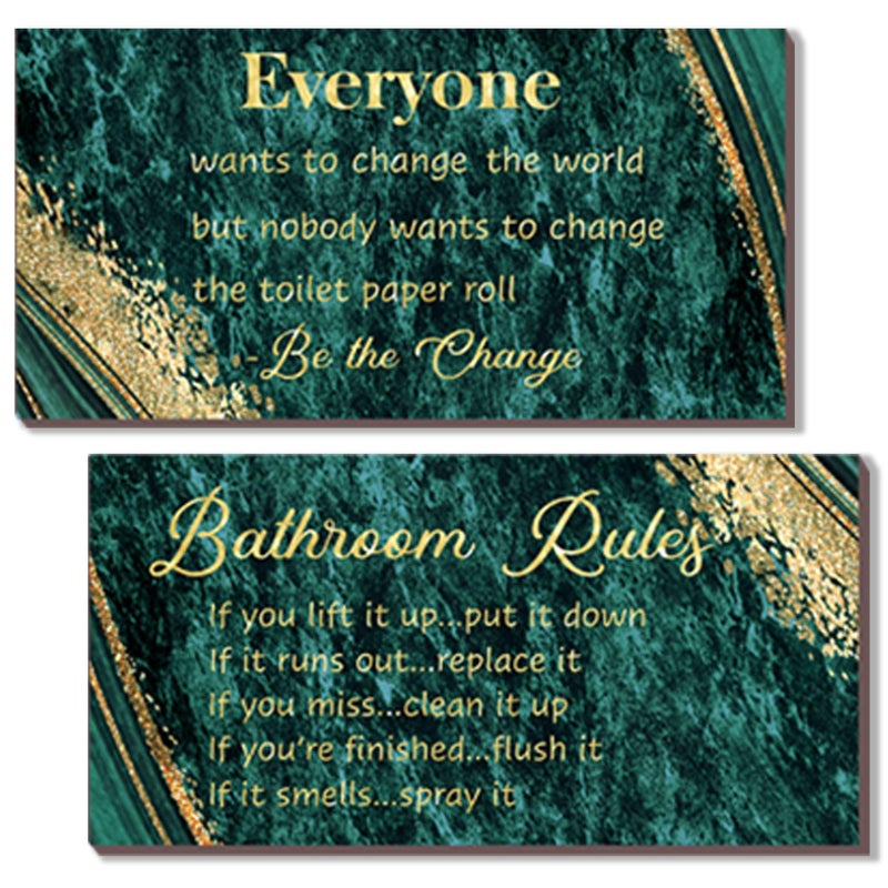 DONFENTHY 2 Pieces Green Gold Bathroom Decor Bathroom Rules Wall Art Green Gold Bathroom Rules Signs Rustic Farmhouse Green Bathroom Rules Wooden Sign for Bathroom Toilet Decor (Green Gold 12x6"") - Image 1