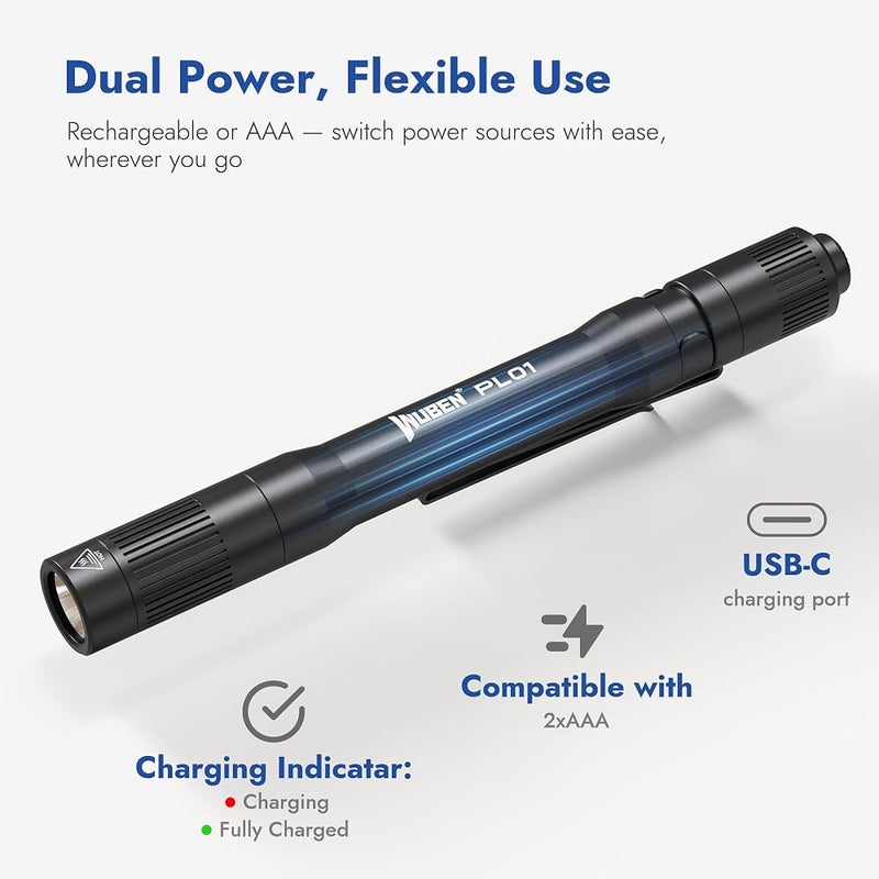 WUBEN PL01 Pen Light, 650 Lumen LED Flashlight Rechargeable, Pocket Size Pen Flashlight with Steel Pocket Clip, Compatible 2 AAA Battery, IP68 Waterproof, Penlight for Home, Emergencies, Inspection - Image 2
