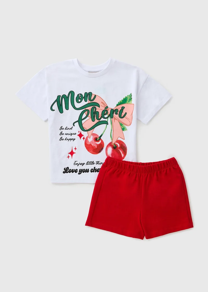 Matalan Girls White Cherry Print Top & Shorts Set