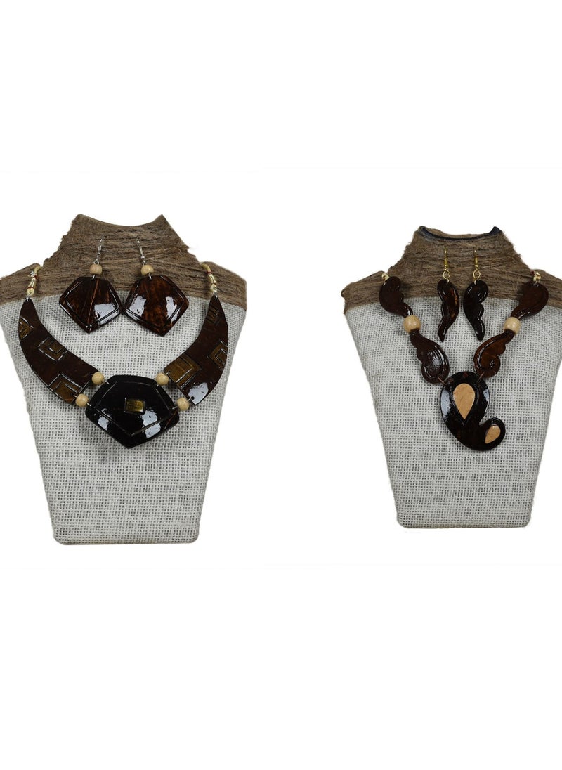 N & H - N&H Handcrafted Coco Wood Designer Necklace with Matching Earrings, Combo Pack of 2 - Image 1