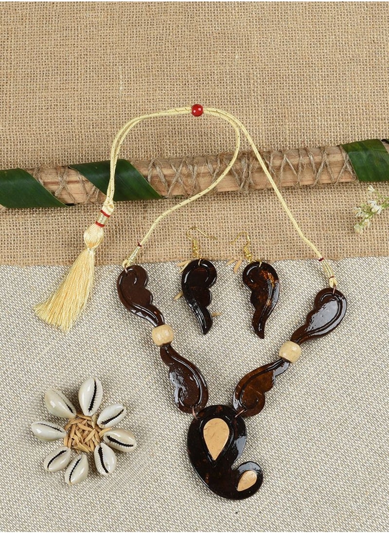N & H - N&H Handcrafted Coco Wood Designer Necklace with Matching Earrings, Combo Pack of 2 - Image 1