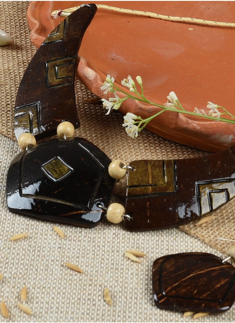 N & H - N&H Handcrafted Coco Wood Designer Necklace with Matching Earrings, Combo Pack of 2 - Image 1