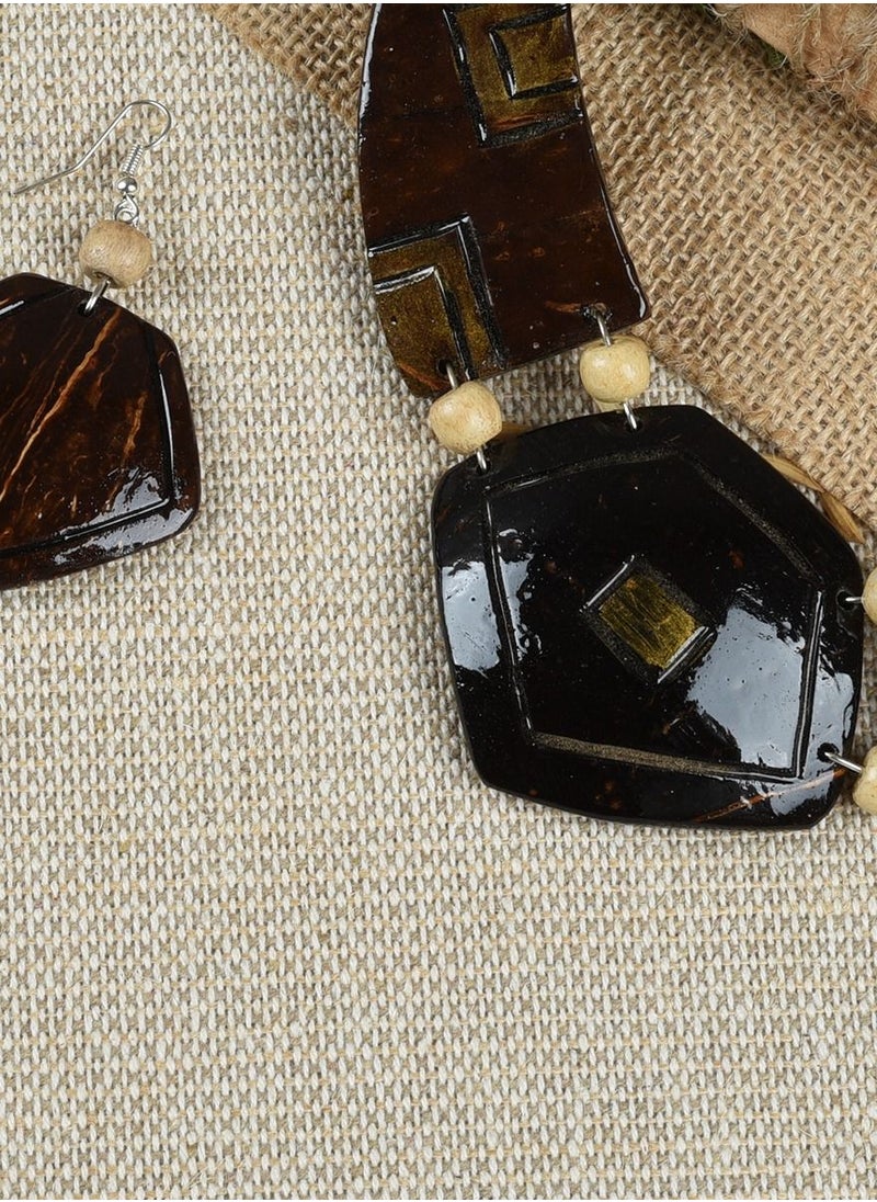 N & H - N&H Handcrafted Coco Wood Designer Necklace with Matching Earrings, Combo Pack of 2 - Image 1