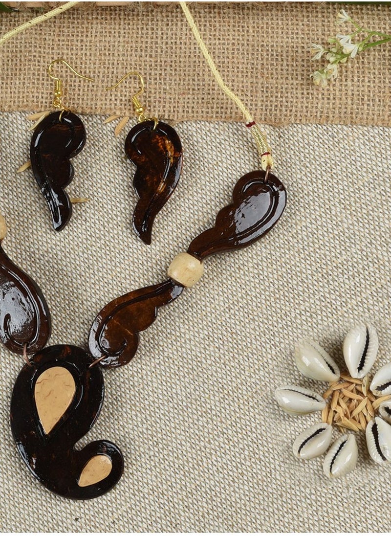 N & H - N&H Handcrafted Coco Wood Designer Necklace with Matching Earrings, Combo Pack of 2 - Image 1