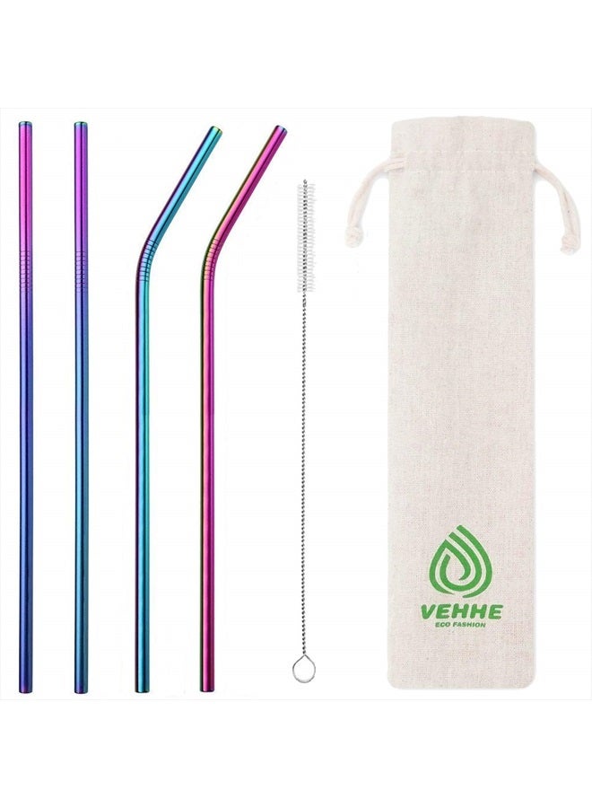 VEHHE Metal Straws Stainless Steel Straws 10.5" Drinking Straws Reusable 4 Set - Ultra Long Rainbow Color-Cleaning Brush for 20/30 Oz for Yeti RTIC SIC Ozark Trail Tumblers (2 Straight|2 Bent|1 Brush) - Image 1