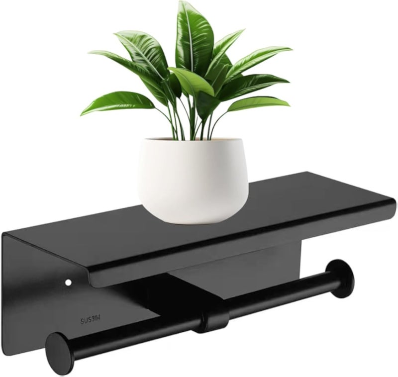 حامل ورق تواليت مزدوج مع رف للهاتف، موزع ورق تواليت مزدوج، مثبت على الحائط، مصنوع من الفولاذ المقاوم للصدأ SUS304، ملحق أنيق للحمام (أسود مطفي).