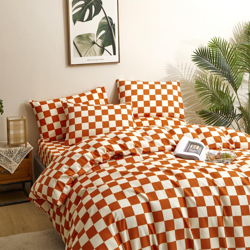 CLOTHKNOW Rust Beige Plaid Twin Comforter Set 3Pcs Caramel Bedding Comforter Sets Checker Comforter Soft Burnt Orange Beige Comforter Sets Twin - Image 2