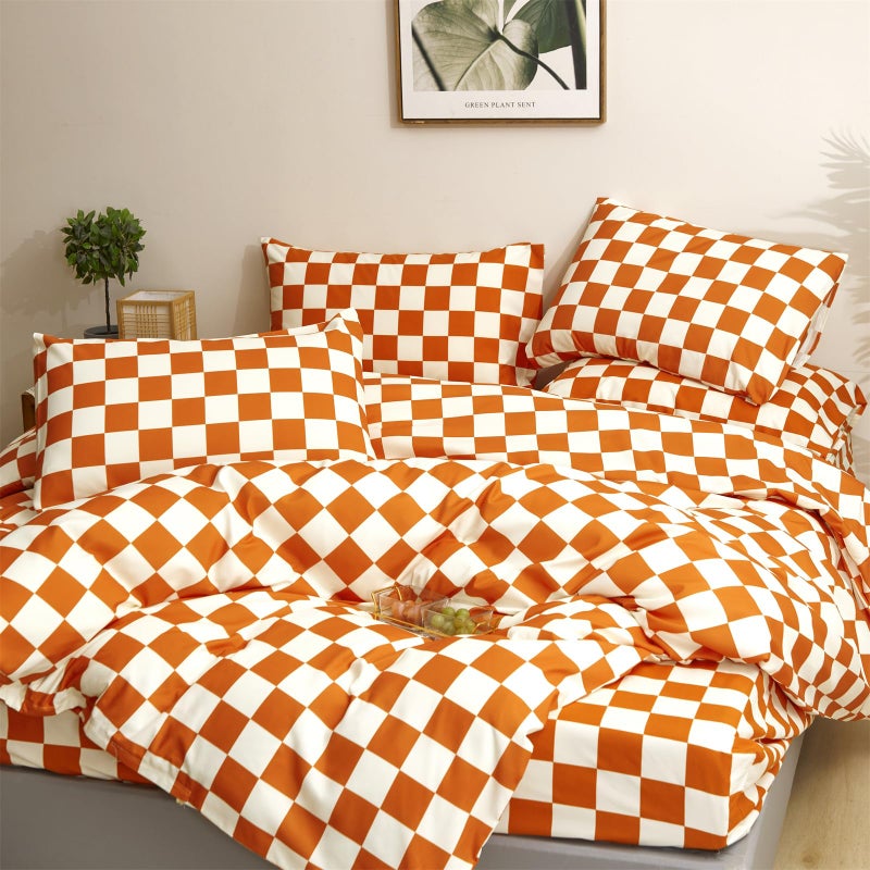 CLOTHKNOW Rust Beige Plaid Twin Comforter Set 3Pcs Caramel Bedding Comforter Sets Checker Comforter Soft Burnt Orange Beige Comforter Sets Twin - Image 3