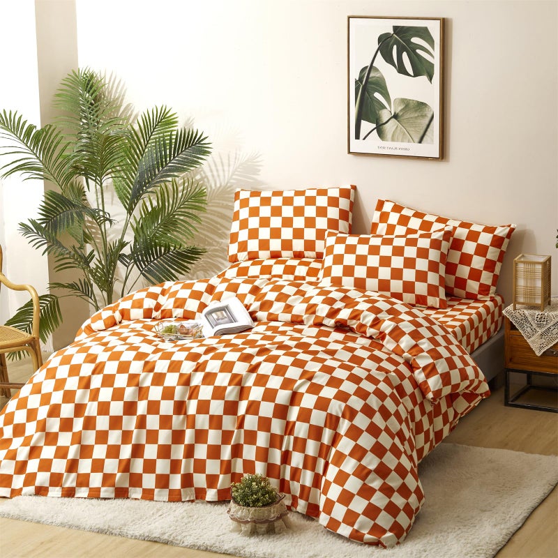 CLOTHKNOW Rust Beige Plaid Twin Comforter Set 3Pcs Caramel Bedding Comforter Sets Checker Comforter Soft Burnt Orange Beige Comforter Sets Twin - Image 4