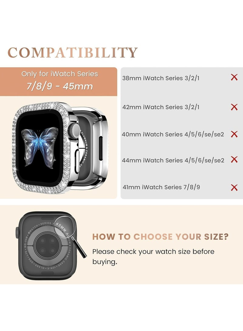 Oasisgalore Apple Watch 45mm Case - Glitter Rhinestone Screen Protector for Series 9/8/7 (Silver) - Image 2