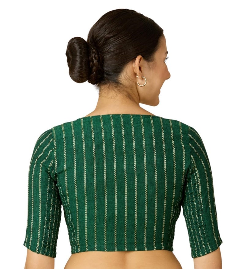 Studio Shringaar Women's Handloom Cotton Side Stretchable (Smocked) Readymade Saree Blouse (Green, 34) - Image 3