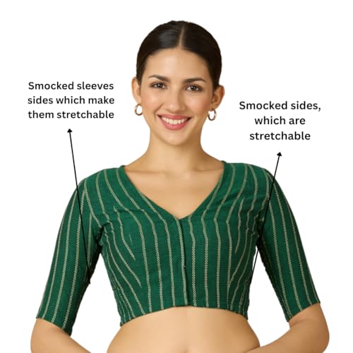 Studio Shringaar Women's Handloom Cotton Side Stretchable (Smocked) Readymade Saree Blouse (Green, 34) - Image 2