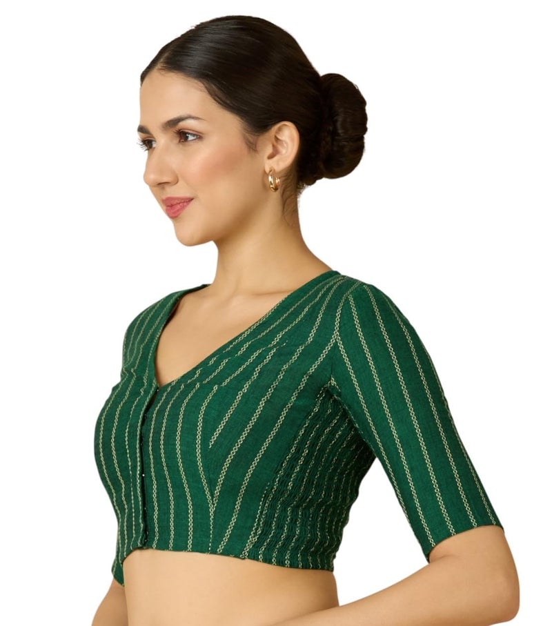 Studio Shringaar Women's Handloom Cotton Side Stretchable (Smocked) Readymade Saree Blouse (Green, 34) - Image 1