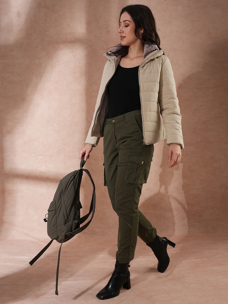 globus Women Hooded Solid Casual Puffer Jacket