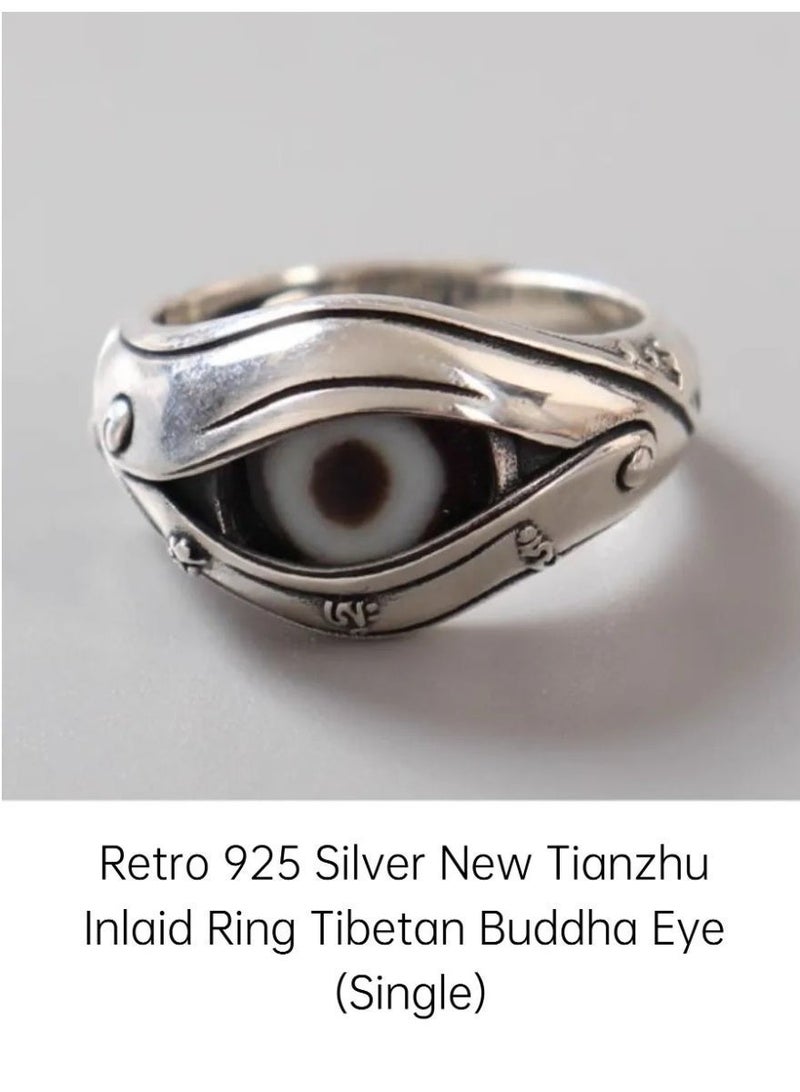Retro 925 Silver Buddha Eye Ring, Tibetan Tianzhu Inlaid Adjustable Ring, Vintage Amulet Jewelry for Men & Women - Image 1