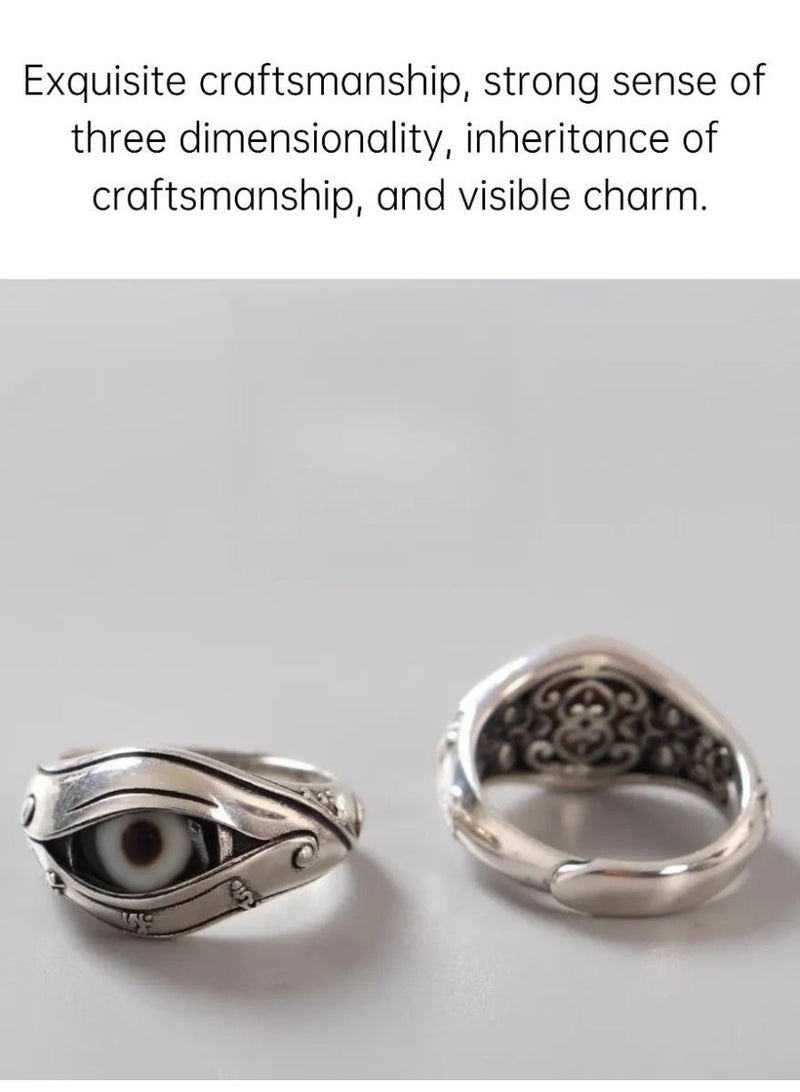 Retro 925 Silver Buddha Eye Ring, Tibetan Tianzhu Inlaid Adjustable Ring, Vintage Amulet Jewelry for Men & Women - Image 2