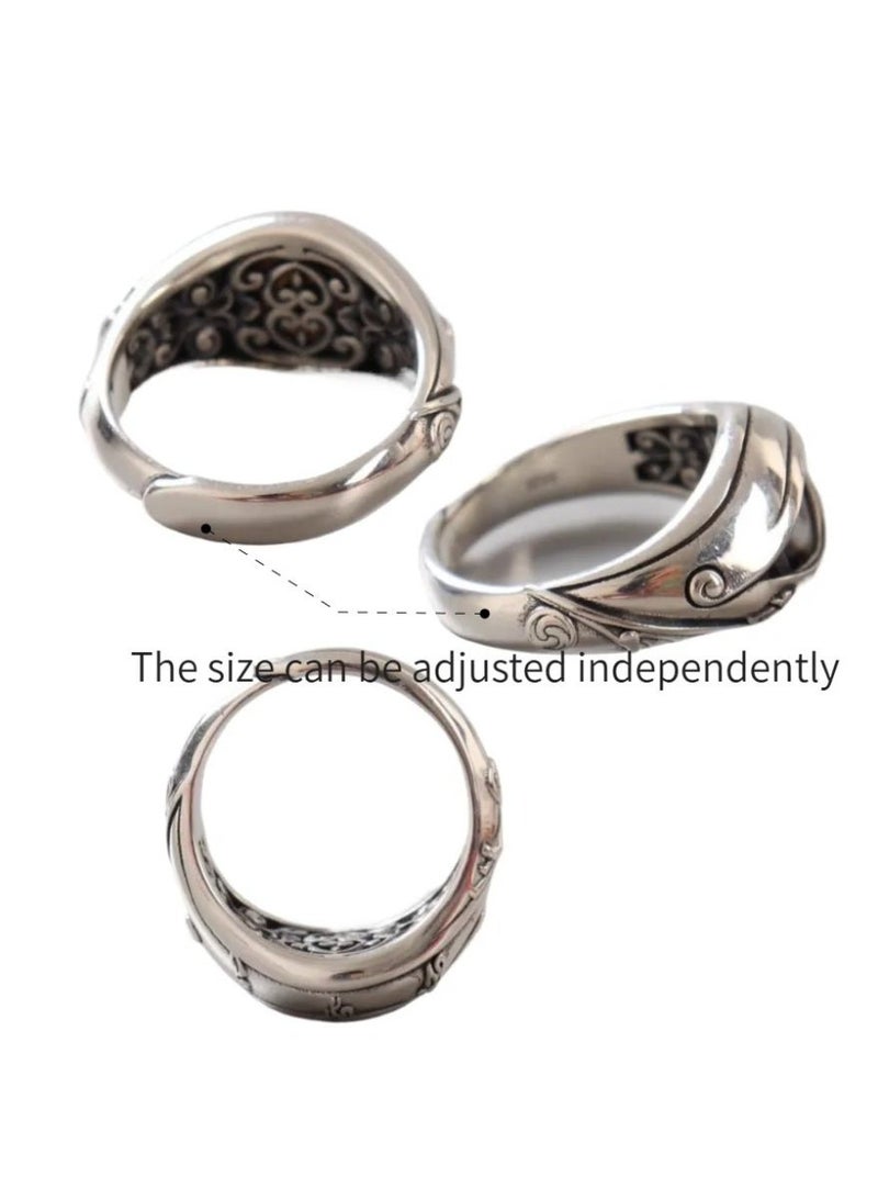 Retro 925 Silver Buddha Eye Ring, Tibetan Tianzhu Inlaid Adjustable Ring, Vintage Amulet Jewelry for Men & Women - Image 5