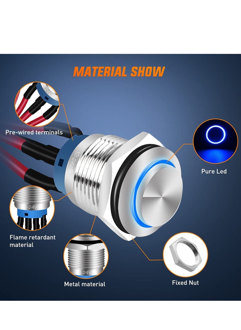 Generic - Push Button Switch,12mm with Pre Wired Harness 12V 24V Stainless Steel Self Locking Latching, Push Button Latching Switch, Waterproof Pushbutton Switch Self-locking Marine Switch (5PCS) - Image 1
