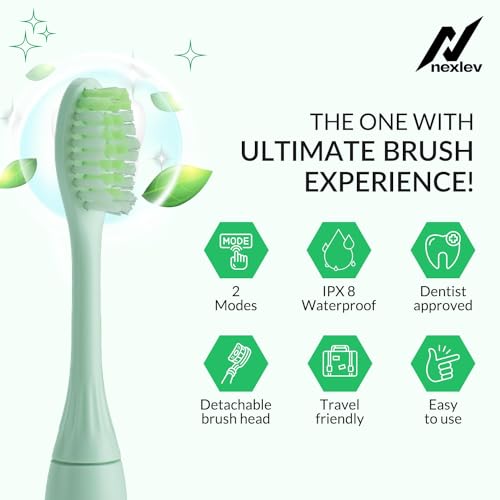 NexLev Smart Electric Toothbrush for Adults |2-Min Timer with Quadpacer |2 Replaceable Heads | AAA Battery |3 Modes (Daily, Normal & Sesitive) |Upto 60 Days | Travel Case | Soft Bristles |ET-02 Green - Image 3