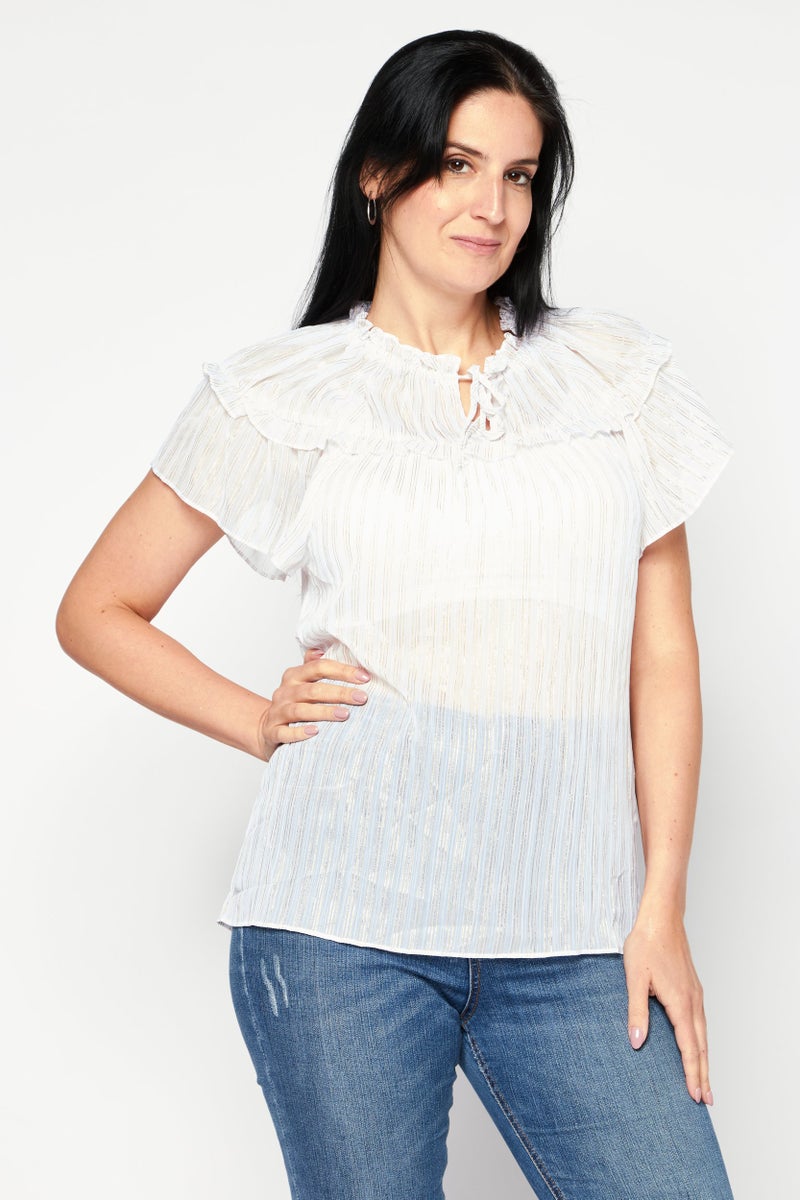 INC Women Tie Neck Short Sleeve Stripe Top, White - Image 1
