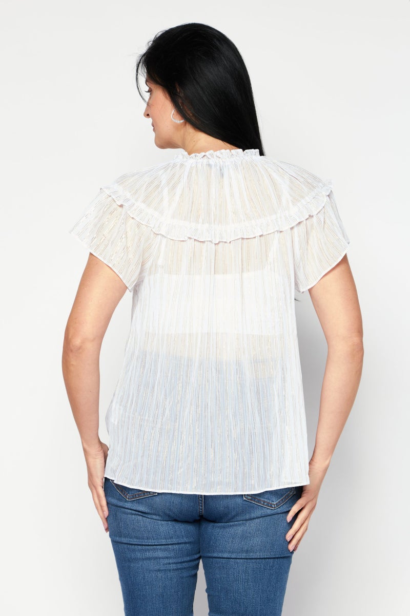 INC Women Tie Neck Short Sleeve Stripe Top, White - Image 3