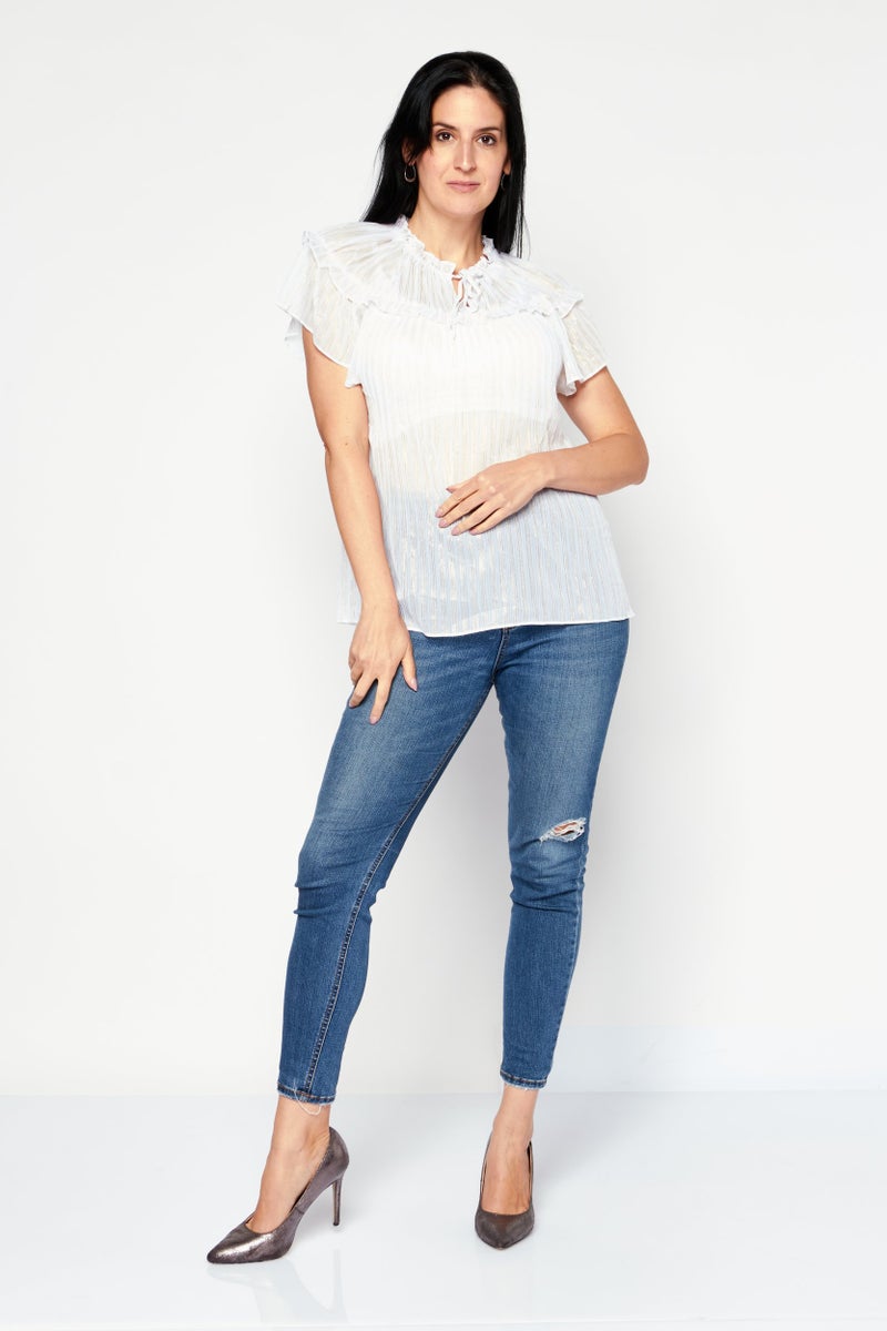 INC Women Tie Neck Short Sleeve Stripe Top, White - Image 2