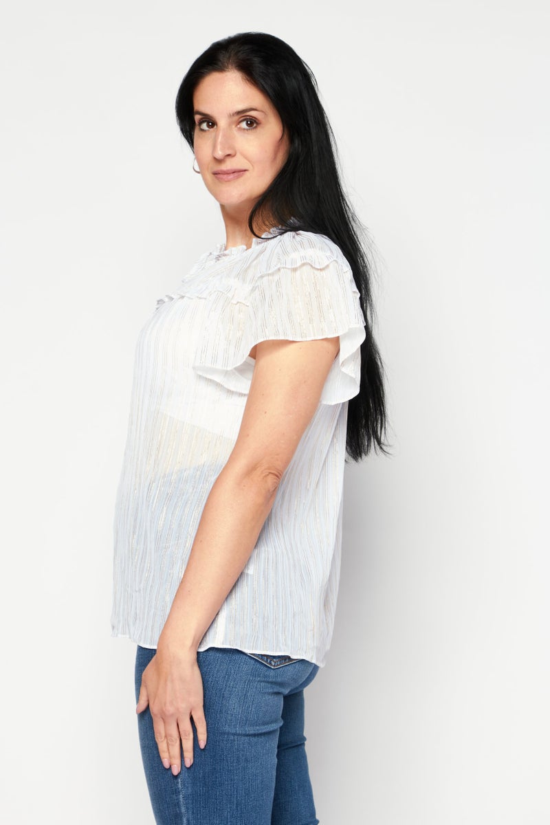INC Women Tie Neck Short Sleeve Stripe Top, White - Image 4