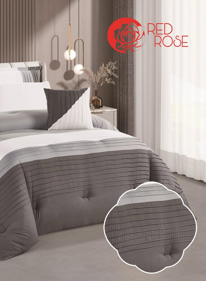 Red Rose 7 Pieces Comforter Microfiber Set King Size with Modern Striped Design and Embroidery 240*260 cm - Image 2