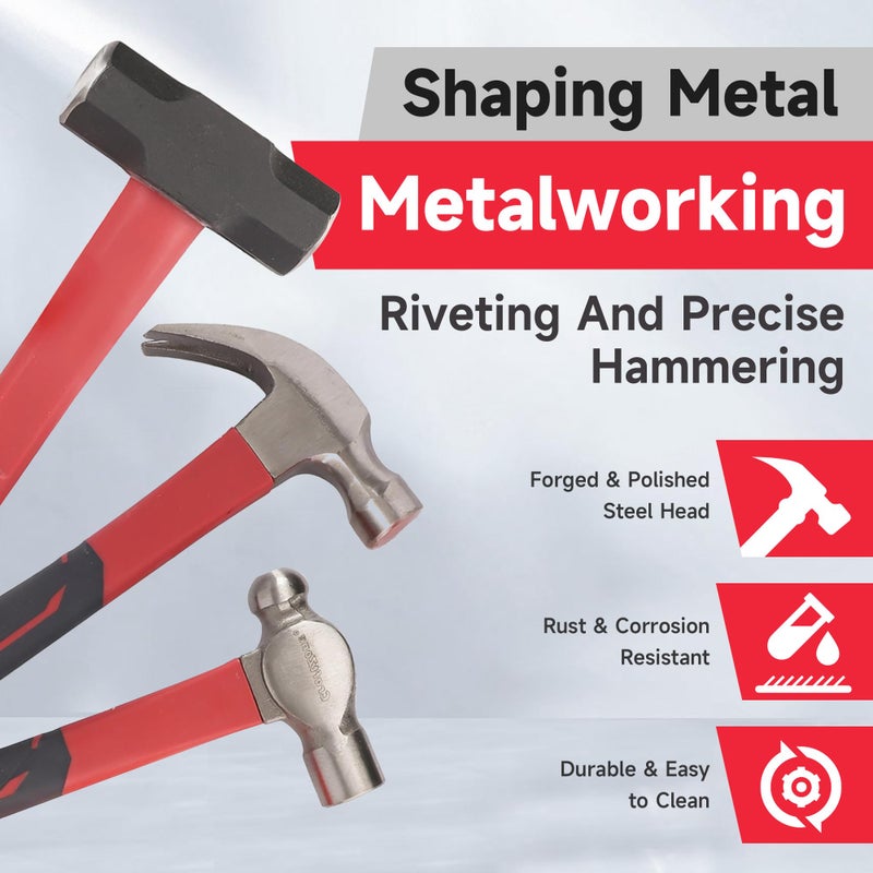 CRAFTZONE 6-Piece Rubber Mallet Hammer Set with 2lb Dead Blow - 3lb Sledge & Stoning - 16oz Ball Peen Claw Hammers | Anti-Vibration Fiberglass Handles for Construction Metalworking Automotive & DIY Projects - Image 3