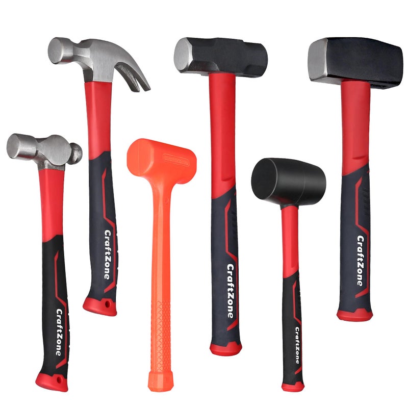 CRAFTZONE 6-Piece Rubber Mallet Hammer Set with 2lb Dead Blow - 3lb Sledge & Stoning - 16oz Ball Peen Claw Hammers | Anti-Vibration Fiberglass Handles for Construction Metalworking Automotive & DIY Projects - Image 1