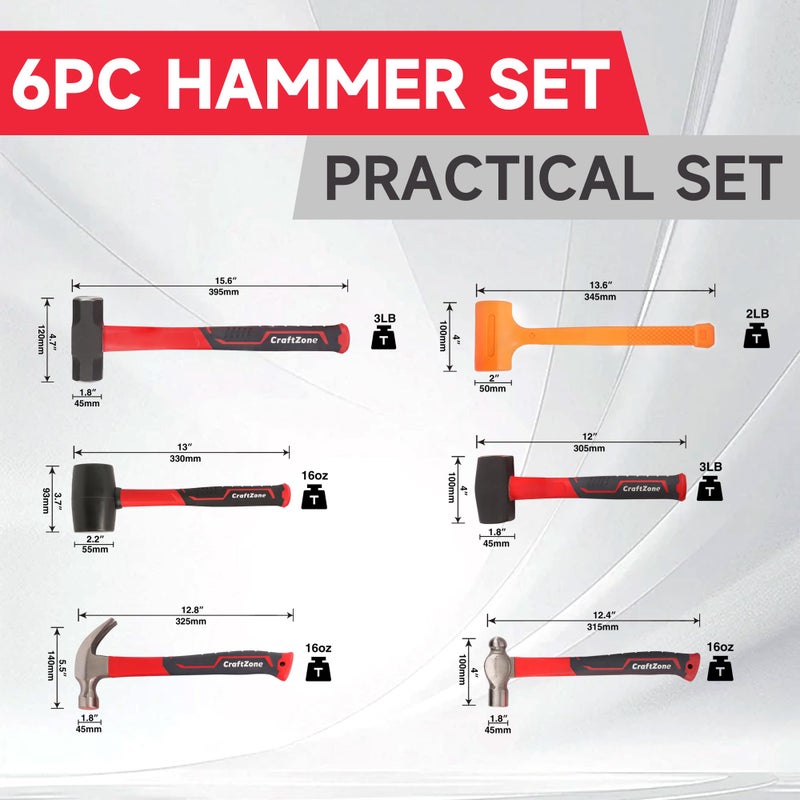 CRAFTZONE 6-Piece Rubber Mallet Hammer Set with 2lb Dead Blow - 3lb Sledge & Stoning - 16oz Ball Peen Claw Hammers | Anti-Vibration Fiberglass Handles for Construction Metalworking Automotive & DIY Projects - Image 2