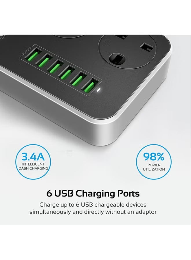 Power Extension, 2500W Universal 3-Outlet Surge Protector Power Strip with 6 USB Charging Port, Automatic Voltage Regulation and 2M Cord for all AC and USB Powered Devices Black