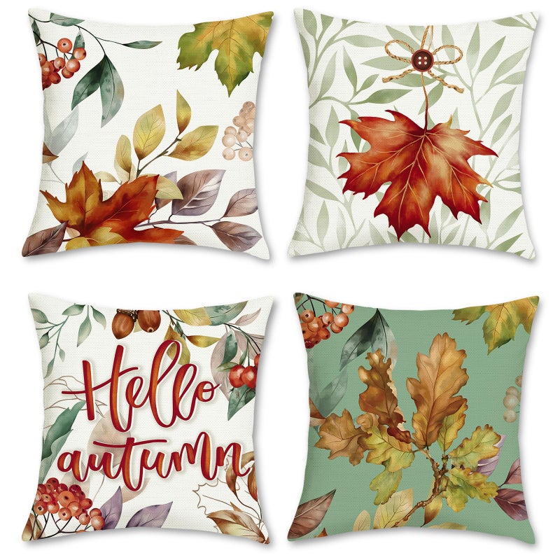 Bonhause Fall Pillow Covers 18 x 18 Inch Set of 4 Hello Autumn Maple Leaves Decorative Throw Pillow Cases Polyester Linen Patio Pillows for Couch Sofa Garden Balcony Fall Decor - Image 1
