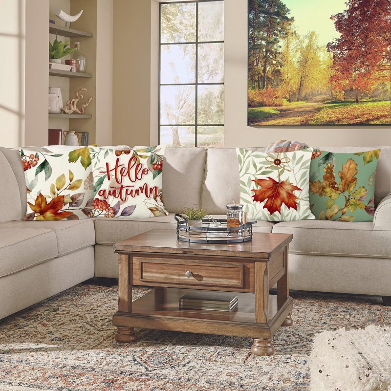 Bonhause Fall Pillow Covers 18 x 18 Inch Set of 4 Hello Autumn Maple Leaves Decorative Throw Pillow Cases Polyester Linen Patio Pillows for Couch Sofa Garden Balcony Fall Decor - Image 2