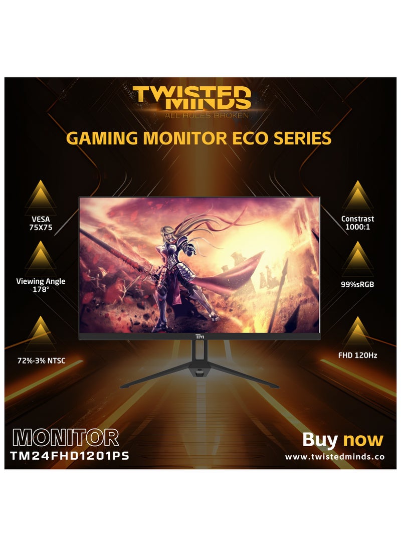 TWISTED MINDS TM ECO SERIES 24” Gaming Monitor, 120Hz, 1ms Response Time, Full HD (1920x1080), IPS, Adaptive Sync, HDMI 2.1, DisplayPort 1.4, Built-in Speakers, HDR, Low Blue Light, VESA Mountable, 250cd/m² Brightness, 99% sRGB, LED Backlight, 75x75mm VESA, TM24FHD120IPS Black - Image 3