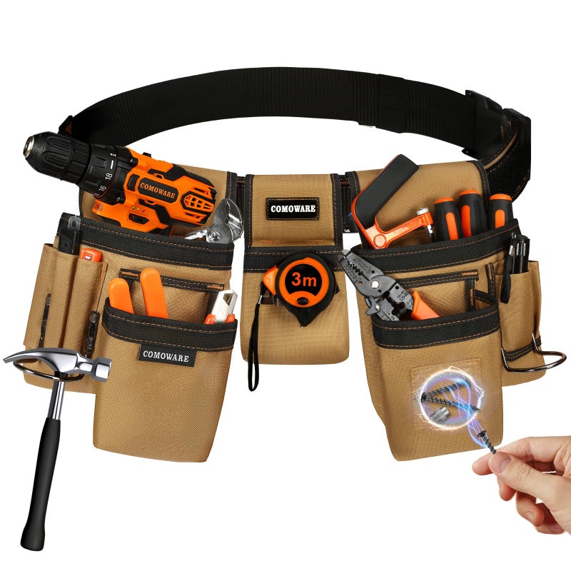 COMOWARE Tool Belt for Electricians & Construction Workers, Adjustable Heavy Duty Work Belt with Magnetic Zone, 17-Pocket Detachable System, Padded 600D Polyester Tool Belt for Men, Coffee Brown - Image 1