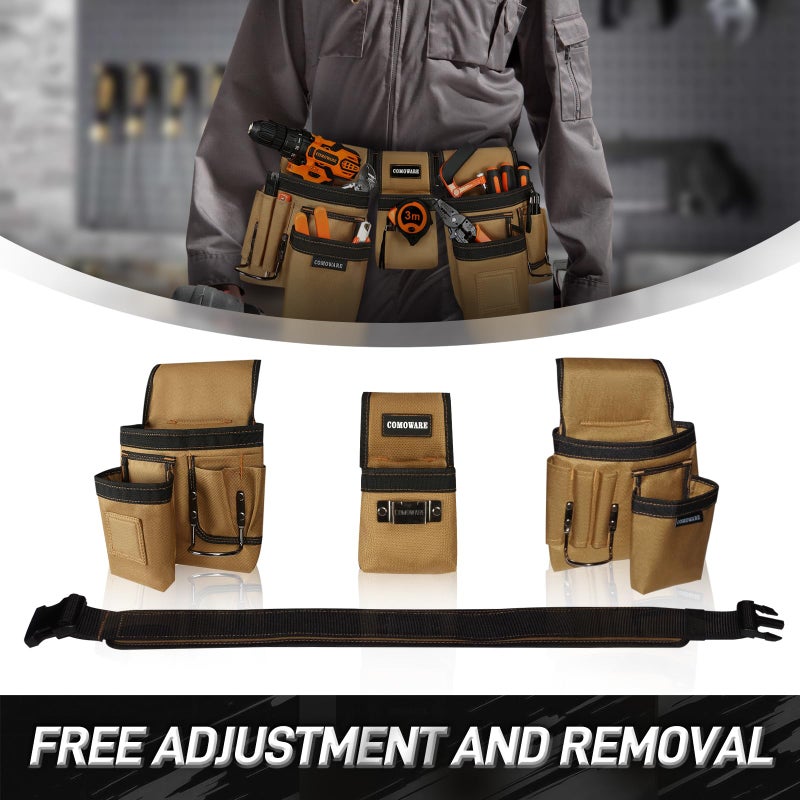 COMOWARE Tool Belt for Electricians & Construction Workers, Adjustable Heavy Duty Work Belt with Magnetic Zone, 17-Pocket Detachable System, Padded 600D Polyester Tool Belt for Men, Coffee Brown - Image 3