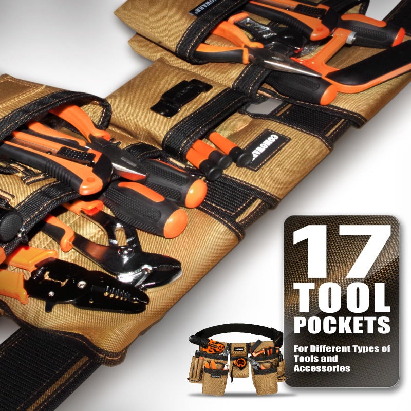 COMOWARE Tool Belt for Electricians & Construction Workers, Adjustable Heavy Duty Work Belt with Magnetic Zone, 17-Pocket Detachable System, Padded 600D Polyester Tool Belt for Men, Coffee Brown - Image 5
