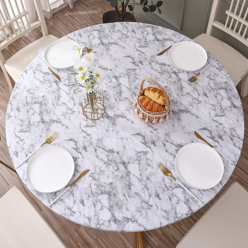Round Vinyl Fitted Tablecloth with Flannel Backing Elastic Edge Design Table Cover Waterproof OilProof PVC Table Cloth StainResistant Wipeable for Round Table