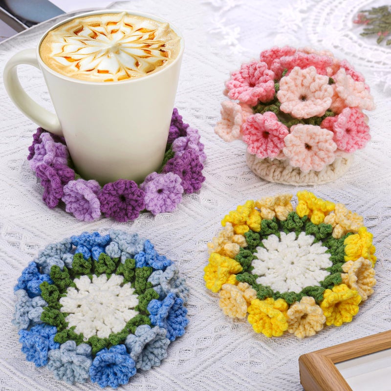 Iuuidu Crochet Kit for Beginners4PCS Coaster Flower Pot Crochet Kits Coaster Crochet Starter Kit with Crochet YarnsHooks Easy Videos Tutorials to Crochet for Office Coffee Table Home Decor