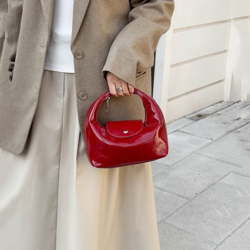 Top Layer Cowhide Lunch Box Bag Hand Carrying Small Bag Womens High-Level Niche Design Cloud Bag All-Match Crossbody Bag Dumpling Bag Red with long shoulder strap, first layer of cowhide, ready stock