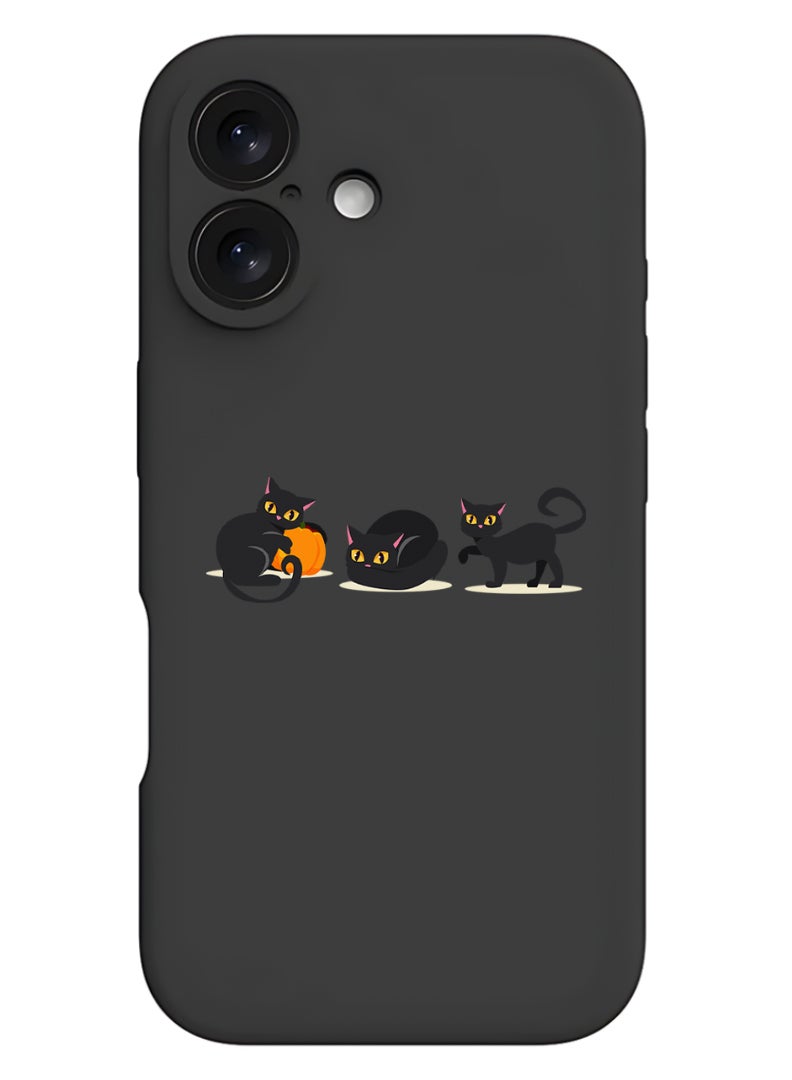 Theodor iPhone 16 Black Protective Slim Fit Case Liquid Silicone Cover with Full Body Protection Anti-Scratch Shockproof Case For iPhone - Cat pumpkin Halloween-01 - Image 1