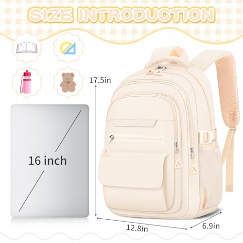 AFGWK Cute Backpack for School Teen Girls Beige Bookbag Aesthetic Womens Travel Book Bags for School Kids Student Back Packs - Image 3